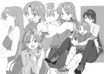  2girls :d arato_nagi belt between_legs blush_stickers breasts camisole closed_mouth collared_shirt commentary_request denim gloves hands_clasped_in_delight highres jeans looking_at_viewer medium_breasts monochrome multiple_girls multiple_views navel open_mouth pants pleated_skirt profile ruri_no_houseki school_uniform shirt simple_background sitting skirt smile socks stretching tanigawa_ruri utaha_rizumu white_background white_socks 