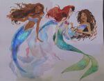  2girls ariel_(disney) bare_arms bare_shoulders bikini black_eyes black_lips blue_bra blue_theme blush bra breasts brown_hair character_request cleavage closed_mouth commentary copyright_request dark-skinned_female dark_skin english_commentary expressionless fish floating_hair flustered frilled_bra frills green_tail happy highres light_blush lipstick long_hair looking_at_another makeup mermaid monster_girl multiple_girls multiple_views navel outstretched_arm pale_skin parted_lips photo_(medium) pink_lips purple_bikini red_hair shell shell_bikini stardust_axel stomach strapless strapless_bikini strapless_bra swimsuit the_little_mermaid_(disney) traditional_media underwear very_long_hair 