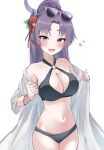  bikini black_bikini blue_archive blush bracelet breasts commentary_request eyewear_on_head fang flower hair_flower hair_ornament heart highres jacket jacket_partially_removed jewelry large_breasts looking_at_viewer o-ring o-ring_bikini open_clothes open_jacket open_mouth ponytail purple_eyes purple_hair s_tekenoko skin_fang sunglasses swimsuit white_jacket yukari_(blue_archive) yukari_(swimsuit)_(blue_archive) 
