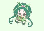  1girl absurdly_long_hair akimoto_komachi animal_print big_hair boots bow bowtie brooch butterfly_earrings butterfly_hair_ornament butterfly_print chibi closed_mouth coattails cure_mint dot_nose dress earrings eyelashes flower frilled_dress frilled_sleeves frills green_background green_boots green_bow green_bowtie green_eyes green_hair green_shorts green_theme green_vest hair_flower hair_ornament happy ichigo_usuhana jewelry light_blush long_hair low_twintails magical_girl outstretched_arms pink_bag pink_flower pink_rose precure red_brooch rose short_dress short_sleeves shorts shorts_under_dress simple_background smile solo tareme twintails two-tone_bag very_long_hair vest waist_bag white_arm_warmers white_bag white_dress yes!_precure_5 yes!_precure_5_gogo! 