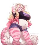  2022 anthro big_breasts blonde_hair blue_eyes bottomwear breasts clothed clothing curvy_figure english_text felid female fur hair hands_behind_head hi_res highlights_(coloring) hotpants long_hair looking_at_viewer looking_down low-angle_view mammal marzipan_(spottedtigress) midriff multicolored_body multicolored_fur overweight overweight_anthro overweight_female pantherine panties pink_body pink_fur pink_highlights portrait shorts simple_background solo spottedtigress striped_body striped_fur stripes text thick_thighs three-quarter_portrait tiger unbuttoned_pants underwear voluptuous white_background white_body white_fur wide_hips 