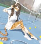 2024 anthro ball biped black_ears bottomwear claws clothed clothed_anthro clothed_female clothing countershade_face countershade_hands countershading eyebrows felid feline female finger_claws footwear fully_clothed fully_clothed_anthro fully_clothed_female fur fur_growth growth hair hi_res human_to_anthro long_hair looking_at_viewer mammal markings mid_transformation mouth_closed net one_eye_closed one_shoe_on ora_ozen outside philtrum plantar_flexion shoes sitting sitting_on_ground skirt solo species_transformation sportswear spots spotted_arms spotted_body spotted_face spotted_fur spotted_hands spotted_legs spotted_markings spotted_neck spotted_tail tail tail_markings tennis_ball tennis_court tennis_net tennis_racket toe_claws topwear transformation white_bottomwear white_clothing white_footwear white_inner_ear white_shoes white_skirt white_sportswear white_topwear