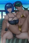  2girls aged_up bikini black_one-piece_swimsuit blue_eyes blue_hair breasts bright_pupils closed_mouth dark-skinned_female dark_skin flower gold_bikini green_eyes green_hair green_headband headband highres huge_breasts lana_(pokemon) large_breasts limgae long_hair looking_at_viewer mallow_(pokemon) multiple_girls navel one-piece_swimsuit open_mouth pink_flower pokemon pokemon_sm short_hair smile spread_legs swept_bangs swimsuit wet white_pupils 