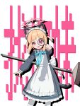  1girl :o absurdres animal_collar animal_ear_headphones animal_ears apron aqua_ribbon back_bow bell black_dress black_tail blonde_hair blue_archive blush bow broom cat_ear_headphones cat_ears cat_tail chinese_commentary chinese_text collar collared_dress commentary_request contrast_collar dress drop_shadow dsfr fake_animal_ears fake_tail frilled_apron frilled_dress frills hair_bow halo headphones highres holding holding_magnifying_glass leaning_to_the_side long_sleeves looking_at_viewer looking_through_magnifying_glass magnifying_glass maid_headdress momoi_(blue_archive) momoi_(maid)_(blue_archive) neck_bell neck_ribbon number_print official_alternate_costume official_alternate_hairstyle open_mouth pantyhose parted_bangs pink_eyes pink_halo puffy_long_sleeves puffy_sleeves red_bow red_collar ribbon shadow short_hair short_twintails sidelocks solo standing tail text_background twintails virtual_pet_(toy) white_apron white_background white_bow white_headdress white_pantyhose 