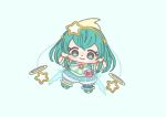  1girl anklet antennae aqua_background aqua_boots aqua_dress aqua_eyes aqua_hair aqua_theme aqua_wrist_cuffs back_bow bag_bow blue_bow blue_pantyhose boots bow brooch bubble_skirt chibi closed_mouth commentary cure_milky dot_nose dress earrings eyelashes frilled_dress frilled_wrist_cuffs frills grey_sleeves hagoromo_lala hair_ornament hairband happy ichigo_usuhana jewelry light_blush long_hair looking_at_viewer magical_girl outstretched_arms pantyhose pink_bag pink_bow precure shooting_star_hair_ornament short_dress short_sleeves simple_background single_bare_leg single_leg_pantyhose skirt smile solo star_(symbol) star_earrings star_hair_ornament star_twinkle_precure tareme waist_bag wrist_cuffs yellow_hairband 