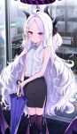  1girl absurdres bare_arms bare_shoulders black_skirt black_thighhighs black_umbrella blue_archive blush caffeinechara closed_mouth double-parted_bangs fluffy_hair halo highres hina_(blue_archive) holding holding_umbrella long_hair looking_at_viewer pencil_skirt purple_eyes purple_halo rain shirt shoge skirt sleeveless sleeveless_shirt solo standing striped_clothes striped_shirt thighhighs umbrella vertical-striped_clothes vertical-striped_shirt white_hair white_shirt 