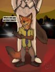  absurd_res animal_genitalia anthro balls camera canid canine canis claws clothing dialogue disney dreamworks duo footwear fox frostbone genitals hi_res male male/male mammal mr._wolf_(the_bad_guys) nick_wilde paws sheath shoes size_difference speech_bubble suit the_bad_guys wolf zootopia 