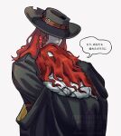  2boys aleph_(reverse:1999) black_cape black_hat cape covered_face dual_persona hat highres hug i_(220_i_284) long_hair merlin_(reverse:1999) multiple_boys red_hair reverse:1999 selfcest shirt speech_bubble translation_request upper_body watermark white_background white_mask white_shirt yaoi 