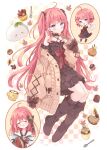  1girl :d absurdres bare_shoulders blush bow bowtie brown_bow brown_cardigan brown_dress brown_ribbon brown_socks cardigan checkered_background closed_mouth collarbone commentary commission cup dress fork full_body hair_ribbon hanasaki_kureha hand_up highres indie_virtual_youtuber kneehighs leaf long_hair long_sleeves looking_at_viewer multiple_views no_shoes open_cardigan open_clothes open_mouth purple_eyes red_bow red_bowtie red_hair ribbon skeb_commission sleeve_bow smile socks spoon tsukiyo_(skymint) twintails virtual_youtuber yellow_background 