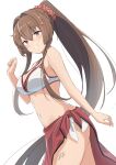  1girl absurdres bikini blush breasts brown_eyes brown_hair cherry_blossoms cowboy_shot flower hair_between_eyes hair_flower hair_intakes hair_ornament highres kantai_collection large_breasts long_hair looking_at_viewer navel ponytail red_sarong sarong simple_background smile solo sukimizaki swimsuit very_long_hair white_background white_bikini yamato_(kancolle) yamato_(swimsuit)_(kancolle) 