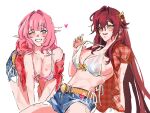  2girls belt blue_eyes blue_shorts blush bra breasts brown_hair cleavage commentary cosplay denim denim_shorts eden_(honkai_impact) elysia_(honkai_impact) english_commentary gingham gingham_shirt hair_intakes hair_ornament heart highres honkai_(series) honkai_impact_3rd kwon_eun-bi kwon_eun-bi_(cosplay) large_breasts lipstick_mark lipstick_mark_on_breast long_hair multiple_girls one_eye_closed open_clothes open_shirt pink_pupils pointy_ears red_shirt shirt short_sleeves shorts smile strap_pull symbol-only_commentary underwear very_long_hair white_bra yaro_yk yellow_eyes yellow_nails yuri 