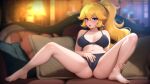  1girl alternate_breast_size ankle_grab artist_name barefoot black_bra black_panties blonde_hair blue_eyes blurry blush bra breasts breasts_apart breath commentary couch cushion depth_of_field desk_lamp double-parted_bangs earrings english_commentary female_masturbation full_body hair_flaps hair_tie high_ponytail highres holding_own_leg indoors jewelry knees_up lamp lampshade leg_hold legs_folded long_hair looking_at_viewer mario_(series) masturbation navel on_couch open_mouth outline paid_reward_available panties patreon_username ponytail princess_peach sitting solo sphere_earrings spread_legs stomach twistedscarlett60 underwear watermark web_address 