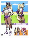  2girls :t adjusting_buruma adjusting_clothes animal_ears bare_shoulders blonde_hair bow bowtie brown_hair buruma carrot character_name chibi chibi_inset choco_(milkytiddyboy) commentary cropped_shirt dark-skinned_female dark_skin drinking drinking_straw drooling ear_bow eating elbow_gloves english_commentary footwear_bow full_body gloves hair_over_one_eye haru_urara_(umamusume) hat headband high_heels highres horse_ears horse_girl horse_tail layered_gloves looking_at_viewer midriff milkytiddyboy multicolored_hair multiple_girls multiple_views navel original peaked_cap pink_eyes pink_hair ponytail purple_bow purple_bowtie purple_buruma purple_eyes purple_gloves purple_thighhighs red_headband school_uniform single_thighhigh socks tail thighhighs tracen_school_uniform two-tone_hair umamusume wavy_mouth white_gloves white_socks 