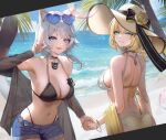  2girls aglaea_(honkai:_star_rail) alternate_costume animal_ear_fluff animal_ears bare_shoulders blonde_hair bow breasts cat_ears cat_girl cipher_(honkai:_star_rail) cleavage denim denim_shorts grey_hair hair_bow hanato_(seonoaiko) hat hat_bow highres holding_hands honkai:_star_rail honkai_(series) large_breasts looking_at_viewer mole multiple_girls navel short_hair_with_long_locks shorts stomach sun_hat swimsuit 