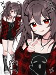  1girl alternate_costume artist_name bandaid bandaid_on_knee bandaid_on_leg black_boots black_nails black_shirt black_shorts boots brown_hair genshin_impact ghost_print hand_up highres hu_tao_(genshin_impact) jewelry lace-up_boots long_hair long_sleeves looking_at_viewer multiple_views necklace open_clothes open_shirt plaid_clothes plaid_shirt print_shirt red_eyes shirt short_shorts shorts standing two_side_up vickie_(cryingrobot) 