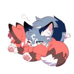  2boys androgynous animal_ears animal_feet animal_hands blue_eyes braid caesar_(fluffy_land) chibi chibi_only chibikemo closed_eyes commentary digitigrade earrings english_commentary fluffy fluffy_land fox_boy fox_ears fox_tail furry furry_male grey_fur jewelry kikugawa_ru looking_at_viewer lying male_focus multiple_boys official_art on_stomach one_eye_closed orange_fur pawpads river_(fluffy_land) second-party_source single_earring sleeping tail white_background wolf_boy wolf_ears wolf_tail 