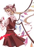  1girl blonde_hair blood blood_drip blood_on_arm blood_on_face blood_on_hands crystal_wings flandre_scarlet frilled_cuffs frilled_hat frills hand_up hat hat_ribbon highres long_hair looking_at_viewer looking_back one_side_up parted_lips pink_hat puffy_short_sleeves puffy_sleeves red_eyes red_ribbon red_skirt red_vest ribbon shirt short_sleeves simple_background skirt solo touhou user_fer1494 vest white_background white_shirt wrist_cuffs 