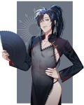  1boy absurdres ahoge alternate_costume bishounen black_dress black_hair black_panties black_shrug border china_dress chinese_clothes cleavage_cutout closed_mouth clothing_cutout collarbone covered_navel covered_nipples cowboy_shot crossdressing dress folding_fan grey_background grey_eyes hair_between_eyes hand_fan hand_on_own_hip high_ponytail highres holding holding_fan jujeop korean_commentary lace lace-trimmed_panties lace_trim lips long_hair long_sleeves looking_at_viewer male_focus modao_zushi nipples outside_border panties pectoral_cleavage pectorals pelvic_curtain ponytail revealing_clothes see-through_clothes see-through_dress shiny_skin shrug_(clothing) side_slit sidelocks simple_background smile solo sparkle standing trap underwear wei_wuxian white_border 