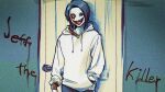  1boy against_door bags_under_eyes black_hair blood blood_from_eyes blood_on_clothes blood_on_face blood_on_hands blood_writing constricted_pupils creepypasta english_text evil_grin evil_smile glasgow_smile grin half-closed_eye hand_in_pocket highres holding hood hood_down hoodie icekana jeff_the_killer looking_at_viewer male_focus red_eyes short_hair smile solo tongue tongue_out upper_body white_hoodie 