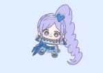  1girl absurdly_long_hair aono_miki blue_background blue_boots blue_bow blue_eyes blue_skirt blue_theme blue_thighhighs boots bow bow_skirt brooch chibi closed_mouth clover clover_brooch cropped_shirt cross-laced_clothes cross-laced_skirt cure_berry dot_nose earrings eyelashes eyes_visible_through_hair four-leaf_clover fresh_precure! frilled_skirt frilled_wristband frills hair_ornament hairband happy heart heart_earrings heart_hair_ornament high_side_ponytail ichigo_usuhana jewelry knee_boots light_blush long_hair looking_at_viewer magical_girl midriff miniskirt navel outstretched_arms precure puffy_short_sleeves puffy_sleeves purple_hair ribbon-trimmed_shirt ribbon_trim shirt short_sleeves simple_background skirt smile solo square_neckline tareme thighhighs very_long_hair waist_bag wavy_hair white_bag white_hairband white_shirt wrist_bow 