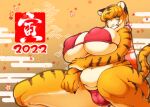 2022 amano_jack anthro big_breasts bikini breasts camel_toe clothed clothing crouching felid female fur huge_breasts mammal nipple_outline pantherine solo striped_body striped_fur stripes swimwear tiger 