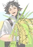  1boy animal_ears arknights black_hair braid cow_ears cow_horns highres holding_wheat horns i_nu_cent looking_at_viewer male_focus open_mouth shirt smile suspenders wan_qing_(arknights) white_shirt 