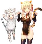  2girls animal_costume animal_ears animal_print bare_shoulders blonde_hair breasts china_dress chinese_clothes covered_navel cowboy_shot dress eyebrows_visible_through_hair fang genshin_impact hair_between_eyes highres looking_at_viewer lumine_(genshin_impact) medium_breasts multiple_girls no_panties open_mouth paimon_(genshin_impact) purple_eyes sbs simple_background thighhighs tiger_costume tiger_ears tiger_girl tiger_print tongue white_background white_hair yellow_eyes 