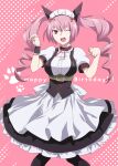  1girl ;d akiha_rumiho animal_ears apron belt_around_waist blush breasts cat_ears collar dress drill_hair fingernails frilled_collar frills happy_birthday ikuhashi_muiko knees_together_feet_apart long_hair looking_at_viewer maid maid_headdress mayqueen_maid_uniform medium_breasts one_eye_closed open_mouth pantyhose paw_pose paw_print pink_background pink_eyes pink_frills pink_hair puffy_sleeves ribbon ribbon-trimmed_collar ribbon-trimmed_corset ribbon-trimmed_hairband ribbon_trim short_sleeves smile solo standing steins;gate twin_drills twintails wrist_cuffs 