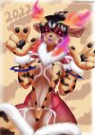  animal_print anthro black_hair breasts chinese_zodiac clothing female gloves hair hallow_(kardie) handwear hi_res holidays kalivero lips new_year new_year_2022 purple_lips red_body solo tiger_print year_of_the_tiger yellow_body 