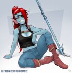  animal_humanoid blue_body blue_skin boots bottomwear breasts cleavage clothed clothing crop_top denim denim_clothing ear_fins eye_patch eyewear female fenixman12 fin fish fish_humanoid footwear hair hair_over_eye hi_res humanoid jeans looking_at_viewer marine marine_humanoid melee_weapon one_eye_obstructed pants polearm pupils red_hair sharp_teeth shirt sitting slit_pupils smile solo spear tank_top teeth topwear undertale_(series) undyne weapon yellow_sclera 