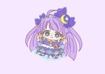  1girl absurdly_long_hair ahoge back_bow bag_bow blue_bow blue_dress blue_eyes blunt_bangs blunt_ends boots bow brooch chibi closed_mouth commentary crescent crescent_earrings crescent_hair_ornament cure_selene dot_nose dress earrings eyelashes hair_bow hair_ornament hairband happy ichigo_usuhana jewelry kaguya_madoka knee_boots large_bow light_blush long_dress long_hair looking_at_viewer magical_girl outstretched_arms parted_bangs pink_bag pink_bow precure purple_background purple_bow purple_dress purple_hair purple_theme see-through_bow see-through_clothes see-through_dress short_sleeves simple_background smile solo square_neckline star_(symbol) star_print star_twinkle_precure straight_hair tareme two-tone_dress very_long_hair waist_bag white_arm_warmers white_boots white_hairband white_sleeves 