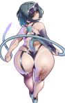  1girl alternate_costume animal_ears ass bikini black_bikini bridal_gauntlets closed_mouth commentary english_commentary eyewear_on_head from_behind green_eyes green_hair highres hot_vr jane_doe_(zenless_zone_zero) lips looking_at_viewer looking_back mouse_ears mouse_girl mouse_tail simple_background single_bridal_gauntlet solo subscribestar_username sunglasses swimsuit tail tan tanlines white_background zenless_zone_zero 