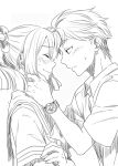  1boy 1girl blonde_hair blush bow chuo_tanegashima_high_school_uniform closed_eyes collared_shirt couple dress_shirt greyscale hair_between_eyes hair_bow hair_ribbon half-closed_eyes hand_on_another&#039;s_neck hetero holding_own_arm ikuhashi_muiko imminent_kiss koujiro_frau long_hair looking_at_another monochrome multiple_hair_bows nervous nervous_sweating ribbon robotics;notes sailor_collar school_uniform serafuku shirt short_hair short_sleeves simple_background sweat twintails upper_body watch wavy_mouth wristwatch yashio_kaito 
