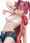  1girl absurdres arm_up belt black_bow bow bra brown_belt commentary cosplay denim denim_shorts fingernails hair_between_eyes hair_bow hair_ornament hairband hand_on_own_chest highres jewelry kwon_eun-bi kwon_eun-bi_(cosplay) long_hair looking_at_viewer lufi_ays lupa_(wuthering_waves) making-of_available metal_hairband multiple_hair_bows navel necklace open_clothes open_shirt pink_hair red_pupils red_shirt shirt shorts simple_background smile solo stomach symbol-only_commentary tacet_mark_(wuthering_waves) teeth twintails underwear upper_teeth_only white_background white_bra wuthering_waves yellow_eyes 