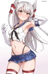  1girl absurdres amatsukaze_(kancolle) armpit_focus armpits black_neckerchief black_panties blue_skirt breasts commentary_request cosplay crop_top elbow_gloves gloves grey_hair hair_tubes highleg highleg_panties highres horizontal-striped_thighhighs kantai_collection long_hair microskirt mizuki_(uzuki_no_sato) navel neckerchief panties presenting_armpit sailor_collar shimakaze_(kancolle) shimakaze_(kancolle)_(cosplay) skirt solo stomach striped_clothes striped_thighhighs thighhighs two_side_up underwear white_gloves 
