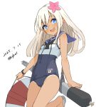  1girl absurdres bigkwl blonde_hair blue_eyes blush breasts crop_top dated flower hair_flower hair_ornament highres japanese_flag kantai_collection lifebuoy long_hair looking_at_viewer one-piece_swimsuit one-piece_tan open_mouth ro-500_(kancolle) sailor_collar school_swimsuit school_uniform simple_background small_breasts smile solo standing standing_on_one_leg swim_ring swimsuit swimsuit_under_clothes tan tanlines torpedo twitter_username white_background 