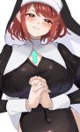  1girl black_dress breasts chest_jewel core_crystal_(xenoblade) cowboy_shot dress highres huge_breasts nun own_hands_clasped own_hands_together pyra_(xenoblade) red_eyes red_hair short_hair simple_background solo umotomochi white_background xenoblade_chronicles_(series) xenoblade_chronicles_2 
