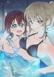  2girls absurdres arm_around_neck bikini black_bikini blue_bikini blue_eyes blush breasts cleavage closed_mouth commentary_request girls_band_cry grey_eyes grey_hair habsida_(habsida_hpy) hand_on_another&#039;s_shoulder highres hug indoors iseri_nina kawaragi_momoka korean_commentary long_hair looking_at_viewer medium_breasts multiple_girls night open_mouth ponytail red_hair short_twintails smile swimsuit twintails wet yuri 