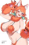  1girl ;d alternate_costume animal_ear_fluff animal_ears animal_hands braid breasts colored_inner_hair commentary english_commentary feathers fur_bikini fur_collar gloves gradient_hair green_feathers green_hair hair_flaps hands_up highres hololive hololive_english kemonomimi_mode large_breasts long_hair looking_at_viewer low_twin_braids multicolored_hair oioi_ainomo one_eye_closed open_mouth orange_hair paid_reward_available paw_gloves purple_eyes sideboob simple_background smile solo stomach tail takanashi_kiara teeth twin_braids upper_teeth_only virtual_youtuber white_background 
