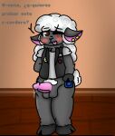 absurd_res anthro biker bodily_fluids bovid brown_eyes caprine clothed clothing condom condom_wrapper domestic_sheep ear_piercing floppy_ears folil folil_(folilbits) fur genital_fluids grey_body hi_res hooves leaking_precum male mammal nervous one_eye_closed piercing precum pubes scar sexual_barrier_device sheep slightly_chubby solo text tongue tongue_out topwear translation_check translation_request vest wink wool_(fur)