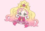  1girl absurdly_long_hair aqua_eyes blonde_hair boots bow bowtie brooch chibi closed_mouth coattails colored_tips cure_flora dot_nose dress earrings eyelashes flower flower_brooch flower_earrings footwear_bow frilled_dress frills gloves go!_princess_precure gold_tiara hair_bun happy haruno_haruka ichigo_usuhana jewelry light_blush long_hair looking_at_viewer magical_girl medium_dress messy_hair multicolored_hair outstretched_arms pink_background pink_bow pink_bowtie pink_flower pink_hair pink_theme precure puffy_short_sleeves puffy_sleeves short_sleeves simple_background single_hair_bun smile solo streaked_hair tareme tiara two-tone_background very_long_hair waist_bow wavy_hair white_boots white_gloves white_sleeves wrist_flower 