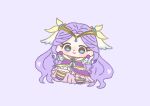  1girl absurdly_long_hair blue_eyes blue_neckerchief blue_sleeves bow brooch chibi circlet closed_mouth cure_earth dot_nose dress earrings eyelashes frilled_dress frilled_sleeves frills fuurin_asumi gloves gold_anklet gold_thighlet hair_bow hair_ornament happy healin&#039;_good_precure heart ichigo_usuhana jewelry light_blush long_dress long_hair looking_at_viewer magical_girl neckerchief outstretched_arms precure purple_background purple_bow purple_dress purple_hair purple_shoes purple_theme sailor_collar shoes short_sleeves sidelocks simple_background smile solo sphere_earrings tareme very_long_hair wavy_hair white_gloves white_sailor_collar wing_hair_ornament wrist_bow yellow_bow 