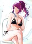 1girl absurdres bikini black_bikini breasts chair cleavage crossed_legs heart highres idolmaster idolmaster_shiny_colors looking_at_viewer multiple_boys on_chair ponytail purple_eyes purple_hair simple_background sitting string_bikini swimsuit tanaka_mamimi yamanade38 