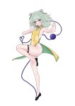  1girl absurdres alternate_costume alternate_hairstyle black_shoes breasts canonball_(dungigi12) china_dress chinese_clothes covered_navel double_bun dress fighting_stance full_body green_eyes green_hair hair_bun heart heart_of_string highres komeiji_koishi looking_at_viewer open_mouth shoes short_hair simple_background small_breasts solo standing standing_on_one_leg third_eye touhou white_background 
