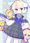  2girls aoi_tsuyu blonde_hair blue_ribbon blunt_bangs blush brown_shirt cellphone closed_mouth collared_shirt commentary_request emoji frilled_skirt frills grey_skirt hair_ornament hand_on_own_hip hat holding holding_phone indie_virtual_youtuber long_sleeves multiple_girls neck_ribbon o_henji_madakana_ojisan_koubun_(voisona) open_mouth phone plaid_clothes plaid_skirt pom_pom_(clothes) pom_pom_hair_ornament red_eyes red_hat red_sailor_collar ribbon sailor_collar shigure_ui_(vtuber) shigure_ui_(vtuber)_(1st_costume) shirt short_hair skirt smartphone striped_background suspender_skirt suspenders ui_(voisona) white_shirt 