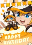  1boy :d aotu_world arrow_(symbol) banner baseball_cap birthday birthday_cake black_hat black_shoes black_shorts blonde_hair blue_eyes cake character_cake character_doll chibi doll drawstring english_text food hair_between_eyes happy_birthday hat highres hood hood_down hoodie king_(aotu_world) male_focus multicolored_hat official_art open_mouth pointy_ears qi_chuang_she shoes short_hair short_sleeves shorts sitting smile solo spiked_hair third-party_source white_background white_hat white_hoodie 