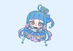  1girl aokaze_nana back_bow bare_shoulders blue_background blue_bow blue_bridal_gauntlets blue_dress blue_hair blue_shoes blue_socks blue_theme blunt_bangs bow bow_legwear bridal_gauntlets brooch chibi closed_mouth commentary cure_wink diamond_hair_ornament dot_nose dress eyelashes frilled_bridal_gauntlets frilled_dress frills hair_bobbles hair_bow hair_bun hair_ornament hairband happy headset heart heart-shaped_hair heart_brooch ichigo_usuhana jewelry kimi_to_idol_precure kneehighs light_blush long_hair looking_at_viewer magical_girl multicolored_hair one_side_up outstretched_arms plaid_bow plaid_clothes plaid_dress pleated_dress precure purple_eyes purple_hair shoes short_dress simple_background single_hair_bun smile socks solo strapless strapless_dress streaked_hair tareme two-tone_hair very_long_hair white_hairband 