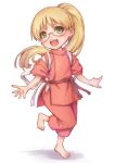  1girl :d bangs barefoot blonde_hair cosplay full_body glasses green_eyes highres hip_vent japanese_clothes kodue55 long_hair looking_at_viewer made_in_abyss ogino_chihiro ogino_chihiro_(cosplay) pants ponytail riko_(made_in_abyss) sash sen_to_chihiro_no_kamikakushi simple_background smile solo standing standing_on_one_leg studio_ghibli tasuki white_background 