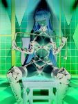  1girl absurdres alternate_costume ass belt blonde_hair boots braid breasts chair checkered_floor cleavage covered_nipples detached_collar earrings elbow_gloves fishnet_thighhighs fishnets garter_straps glass gloves green_eyes groin groin_tendon halterneck highleg highleg_panties highres holding holding_whip indoors jewelry kannatsuki_noboru knee_boots large_breasts latex latex_boots latex_bra latex_gloves latex_panties long_hair ludivine_marie-ange_de_la_trefle magical_explorer navel novel_illustration official_alternate_costume official_art on_chair panties pinky_out sadism second-party_source sitting solo spotlight spread_legs thighhighs tongue tongue_out underwear very_long_hair 