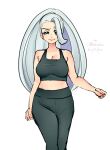  1girl alternate_costume bangs bare_arms black_legwear black_shirt blue_eyes breasts cleavage commentary_request echizen_(n_fns17) hair_over_one_eye half-closed_eye highres leggings long_hair looking_at_viewer mature_female melony_(pokemon) multicolored_hair pokemon pokemon_(game) pokemon_swsh shirt sleeveless sleeveless_shirt smile solo streaked_hair watermark 